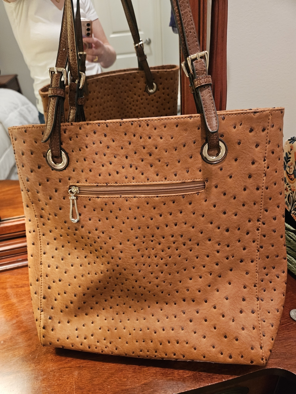 Tan Perforated Ostrich-Embossed Large Tote Bag - Picture 3 of 7